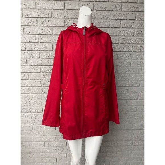 Jones New York Women Red Hooded Raincoat Parka / Windbreaker Size L - Picture 3 of 13